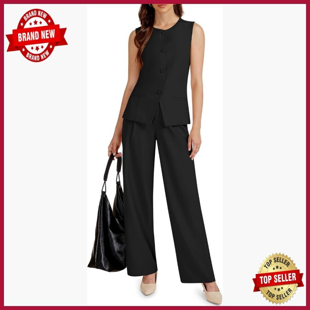 Sleeveless Vest and Wide Leg Pants Suit Set Business Casual Travel